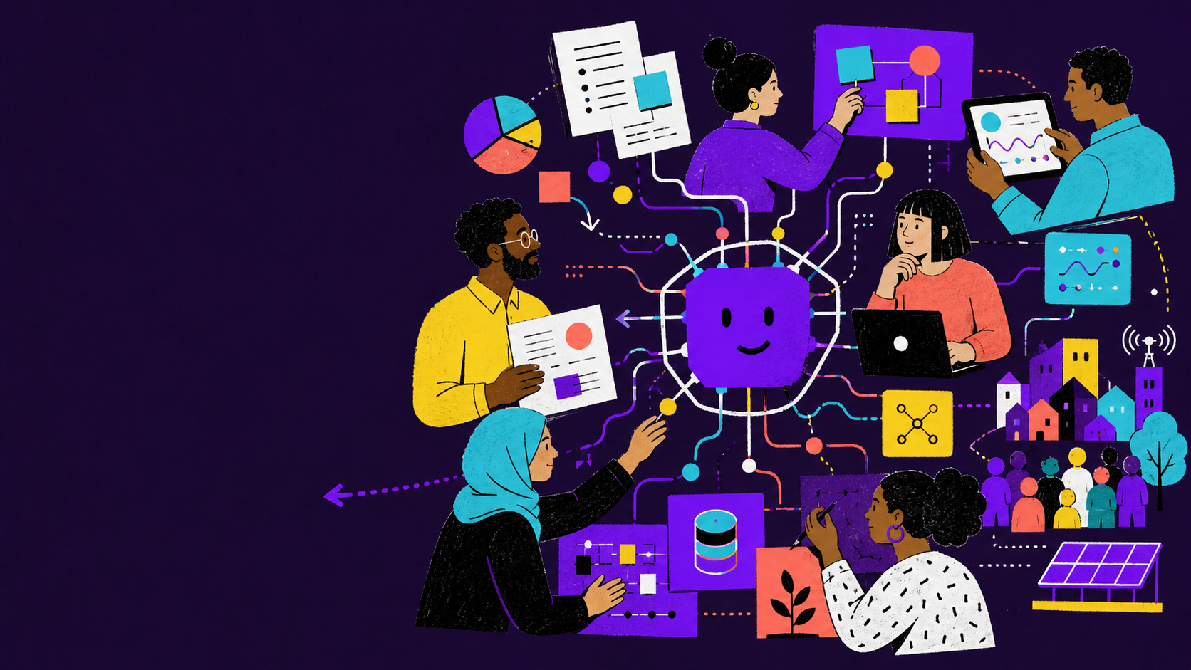 Equipe multidisciplinar conectando inteligência artificial, dados, sistemas e impacto social