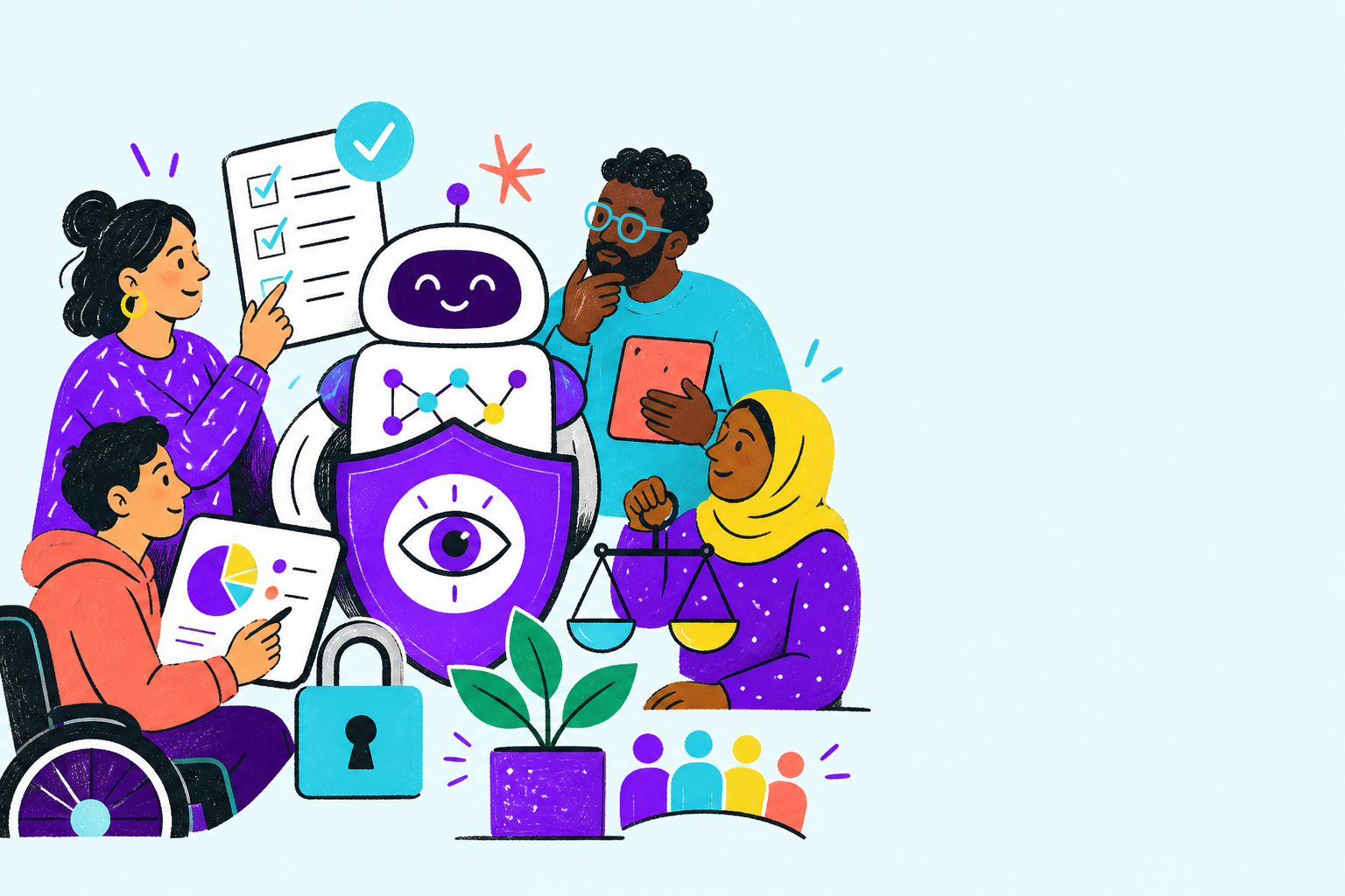 Pessoas supervisionando uma inteligência artificial segura, transparente e inclusiva