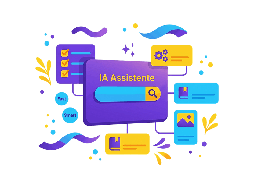 Ilustracao de um navegador com a busca aberta dele saindo várias possbilidades como checklist, e-book, imagens, configuracões